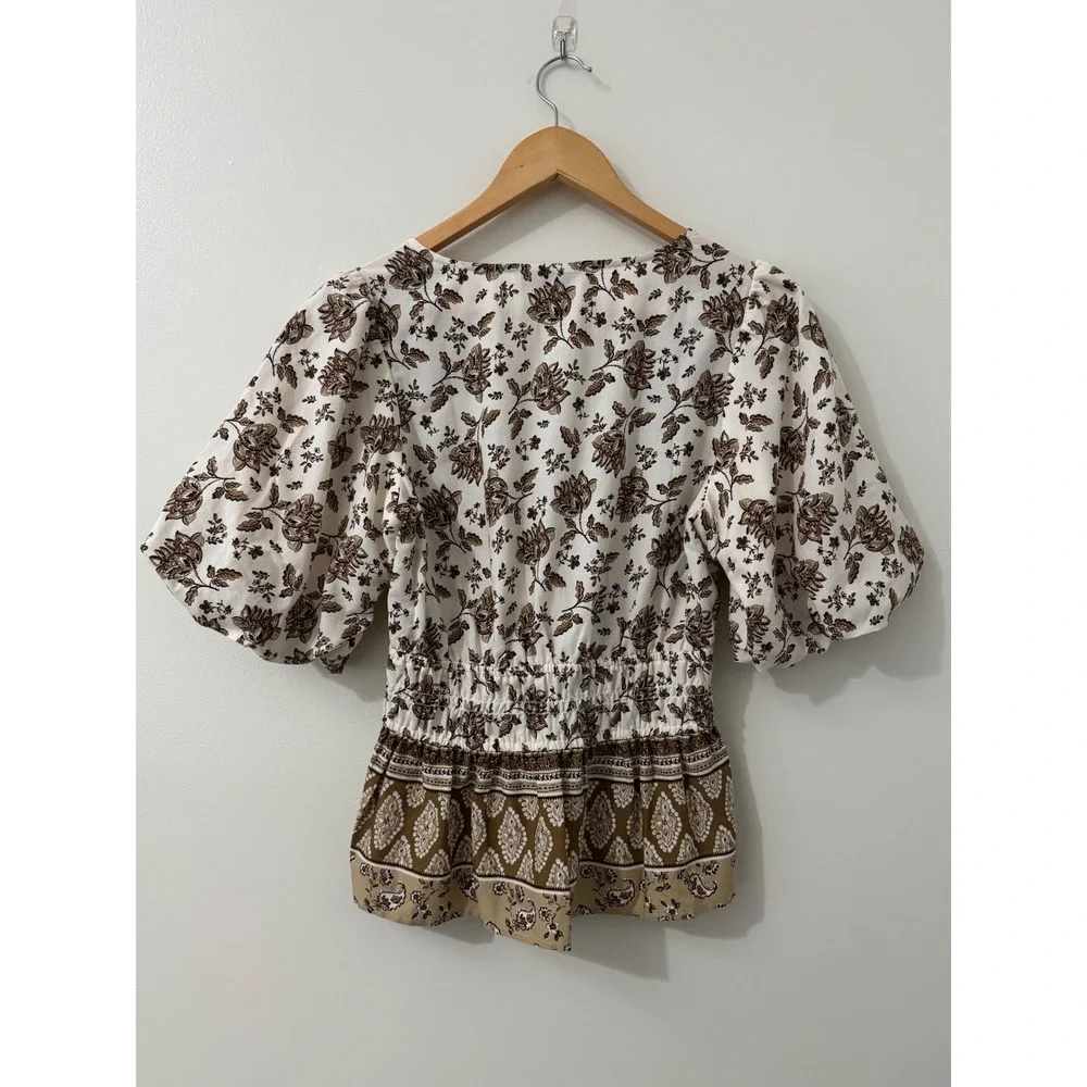 LOFT Floral Boho Peplum Blouse Small Cottagecore Puff Sleeve V Neck Top NWT